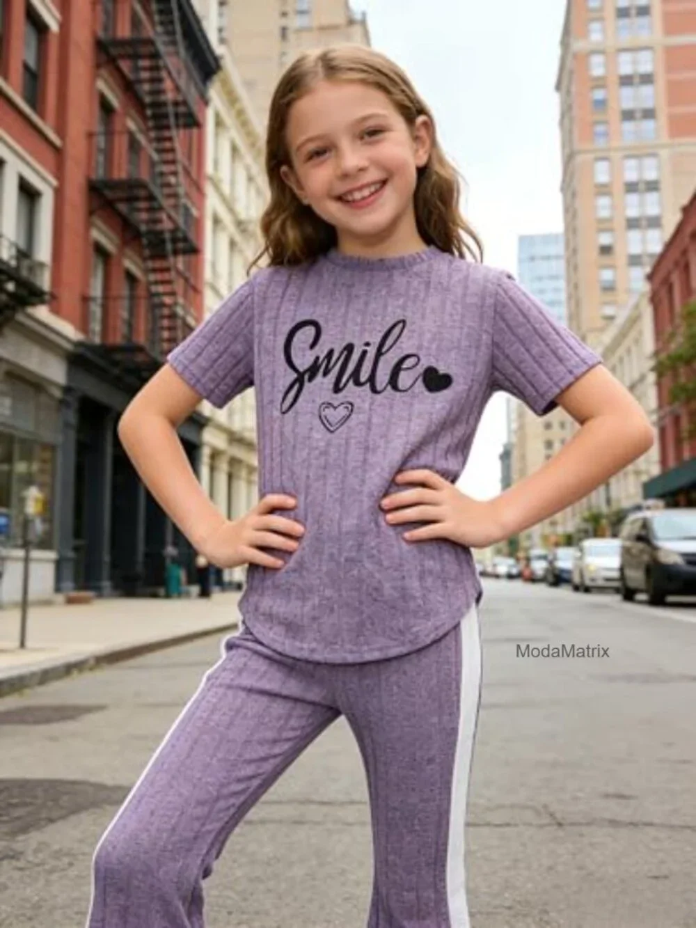Girls 2-Piece Outfit Smile Graphic Short Sleeve Top & Flared Pants Set 8-13Y